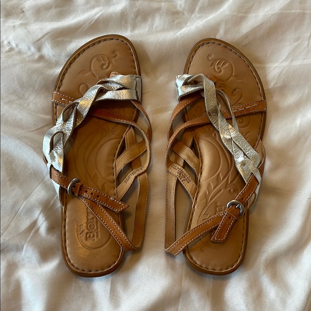 Braided Leather Sandals - Silver and Tan